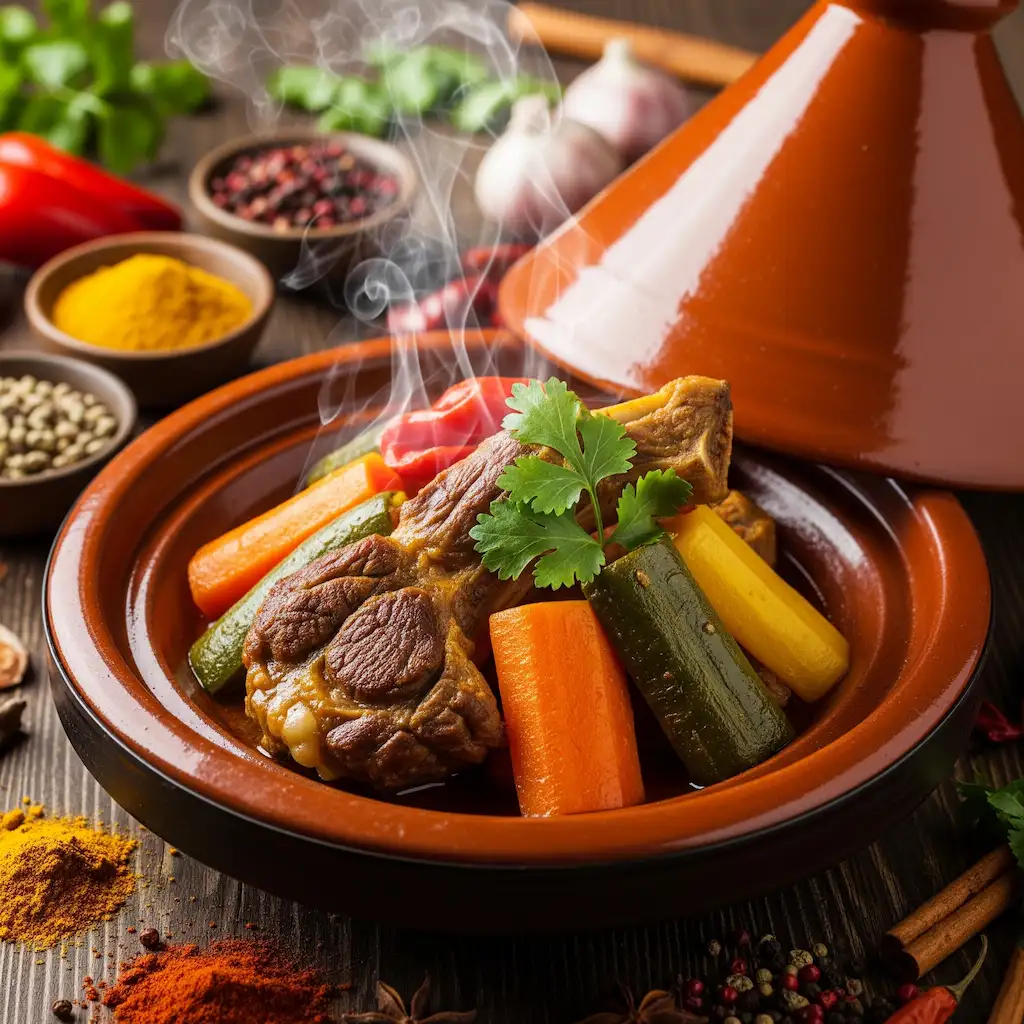 Vibrant Moroccan Tagine, rich colors, textures, and aromatic spices