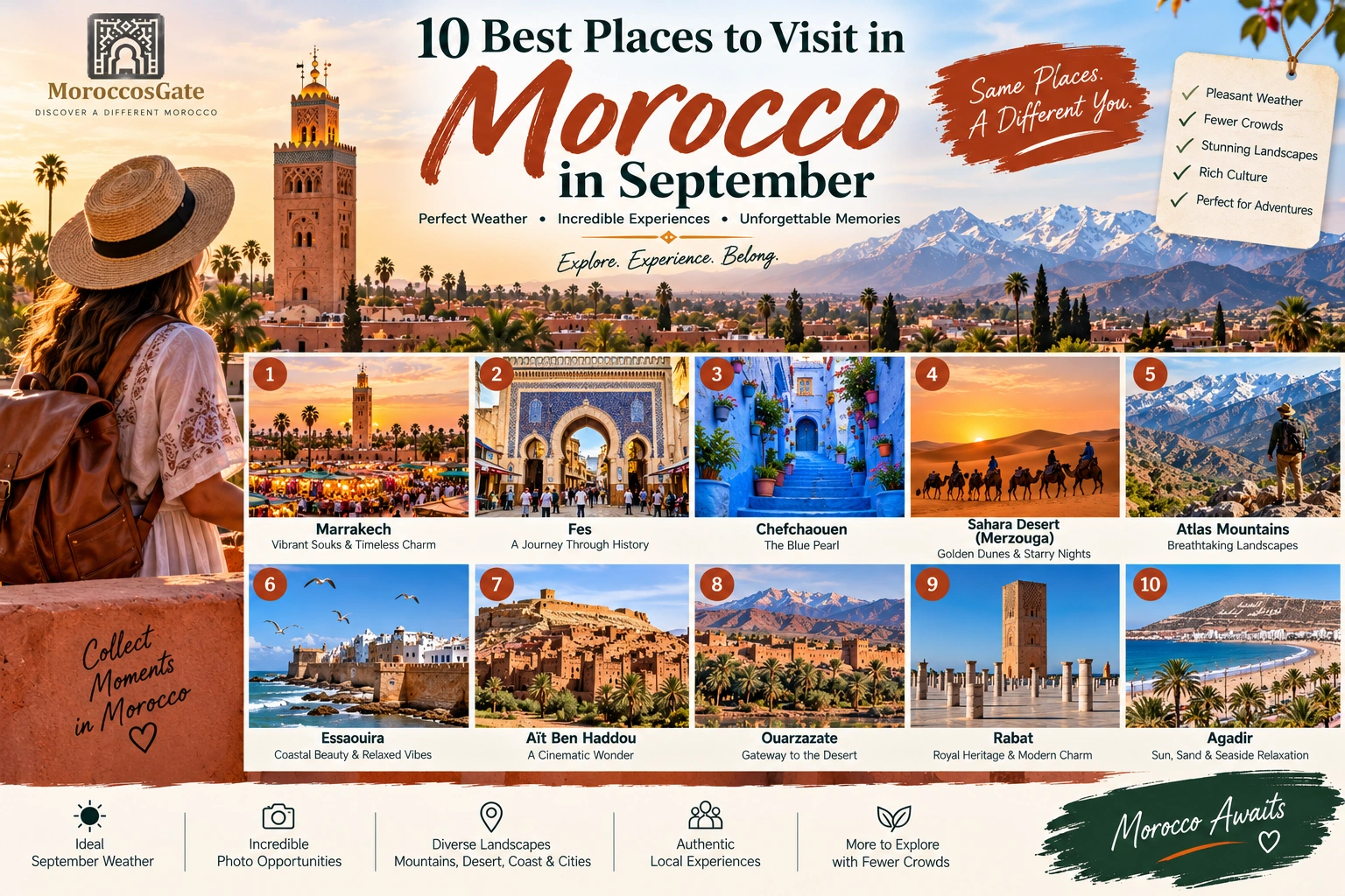 Best places to visit in Morocco in September showing Marrakech, Chefchaouen, Atlas Mountains and Sahara Desert