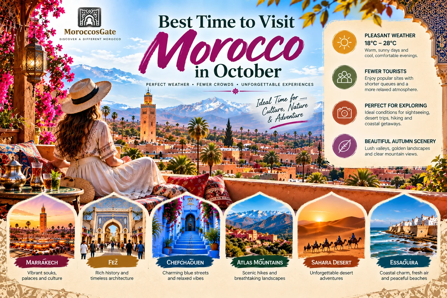 Best time to visit Morocco in October showing Marrakech Atlas Mountains and Sahara Desert