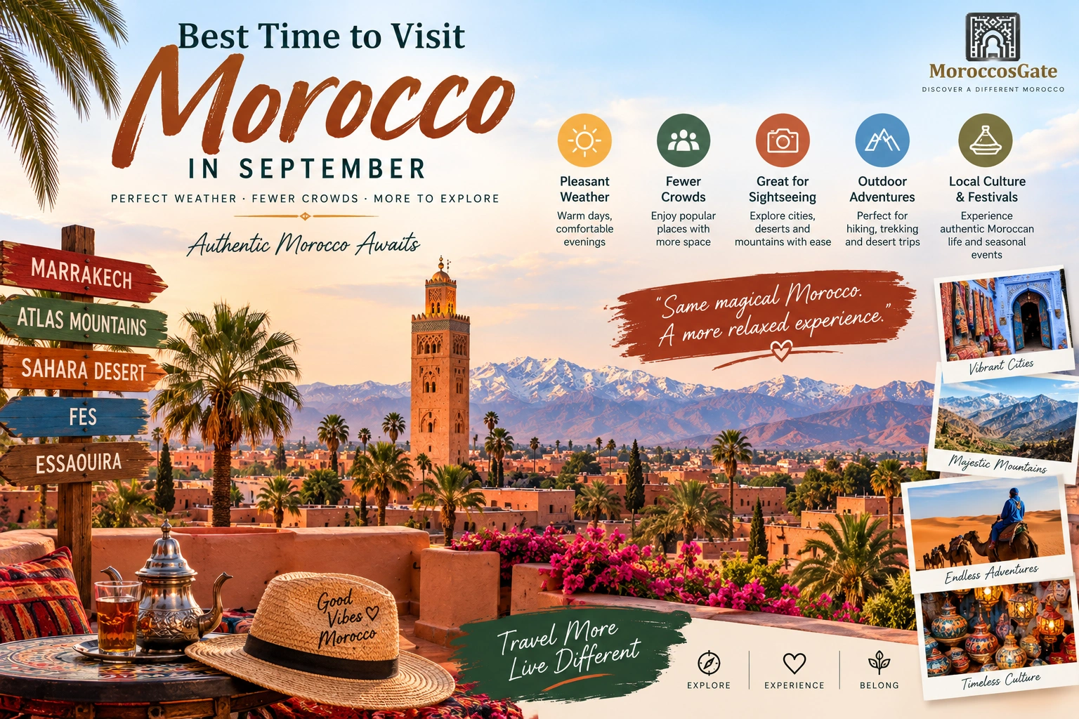 Best time to visit Morocco in September showing Marrakech, Atlas Mountains and warm autumn sunlight