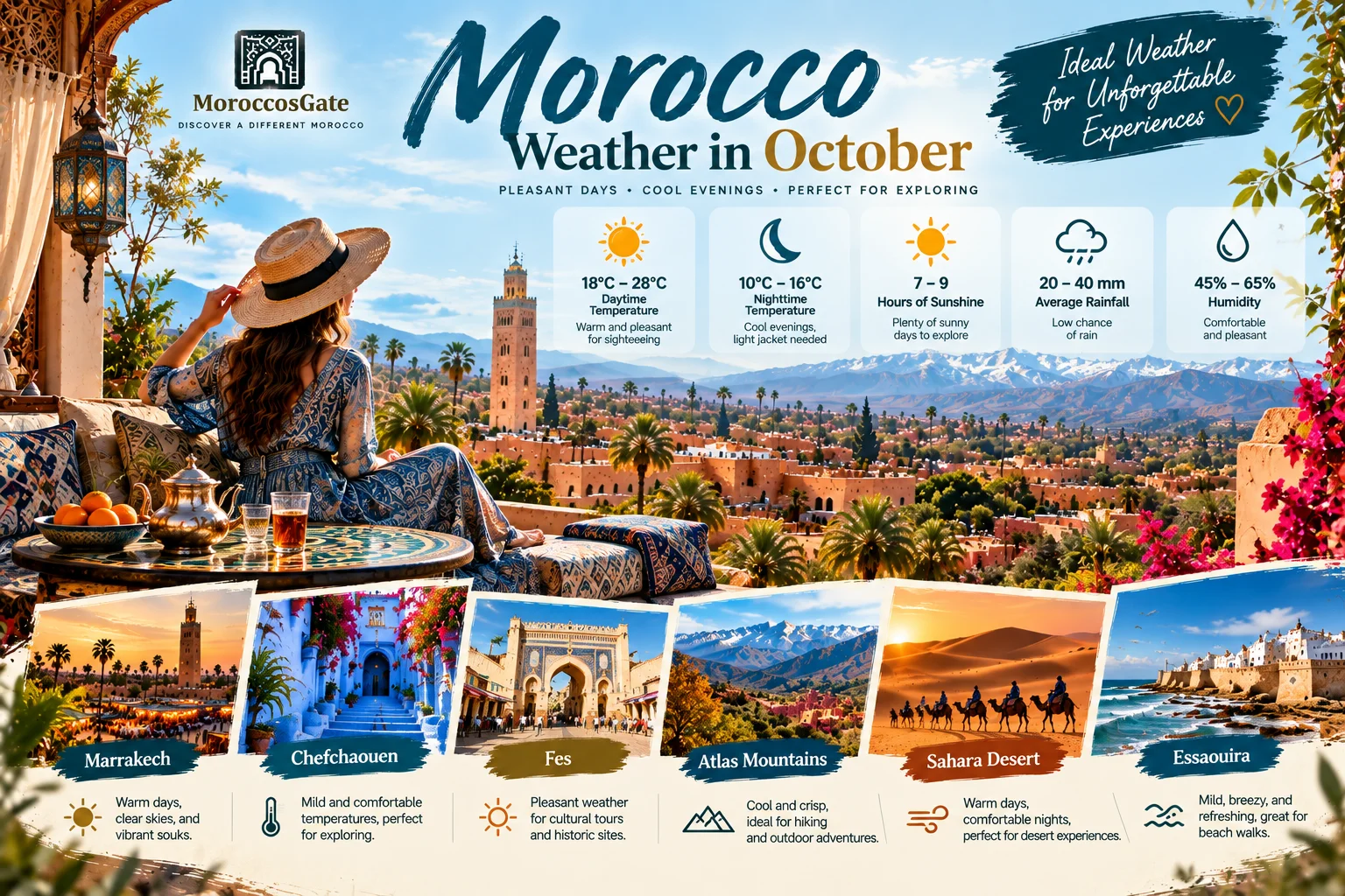 Morocco weather in October showing Marrakech Atlas Mountains and Sahara Desert