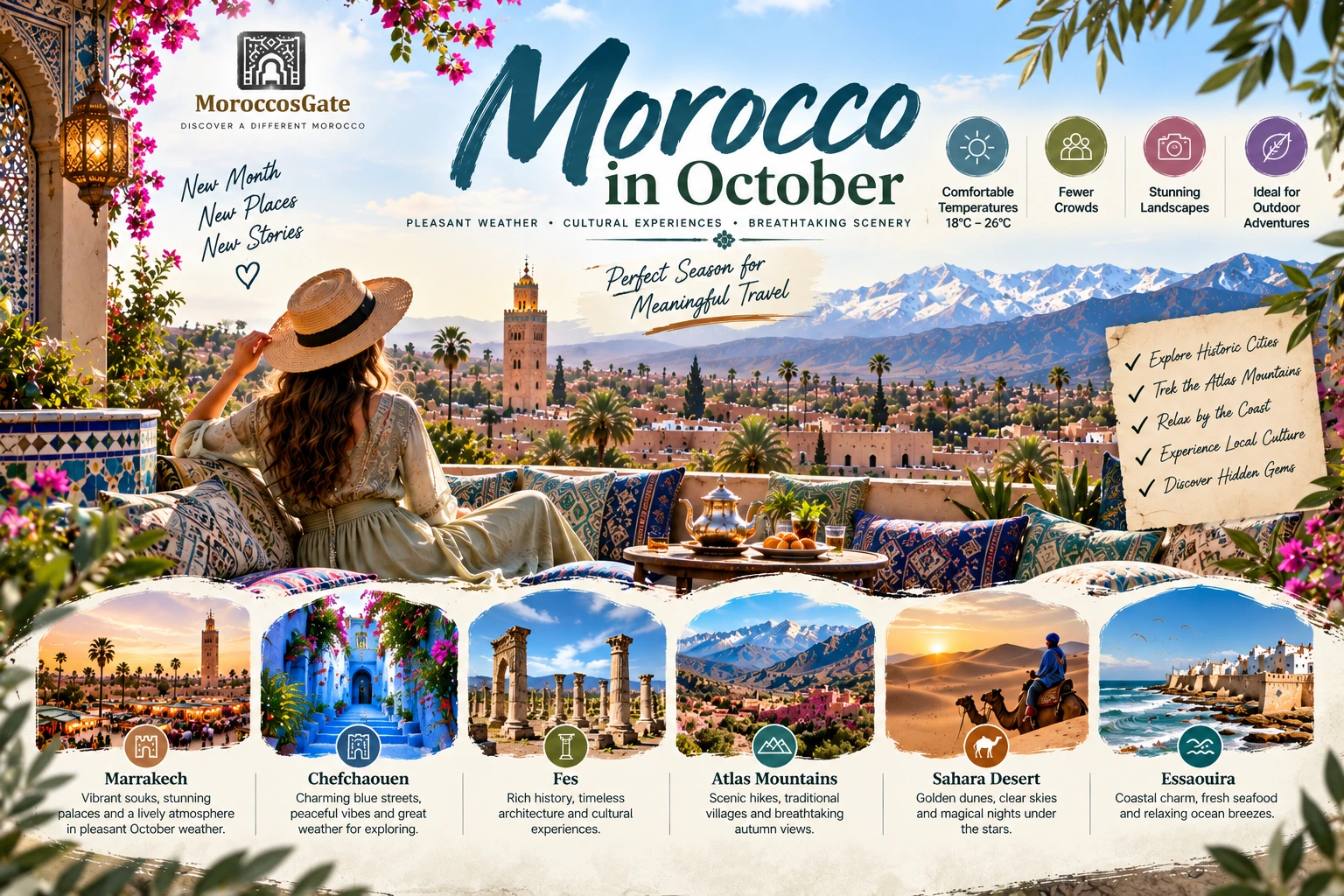 Morocco in October with Marrakech Atlas Mountains and Sahara Desert