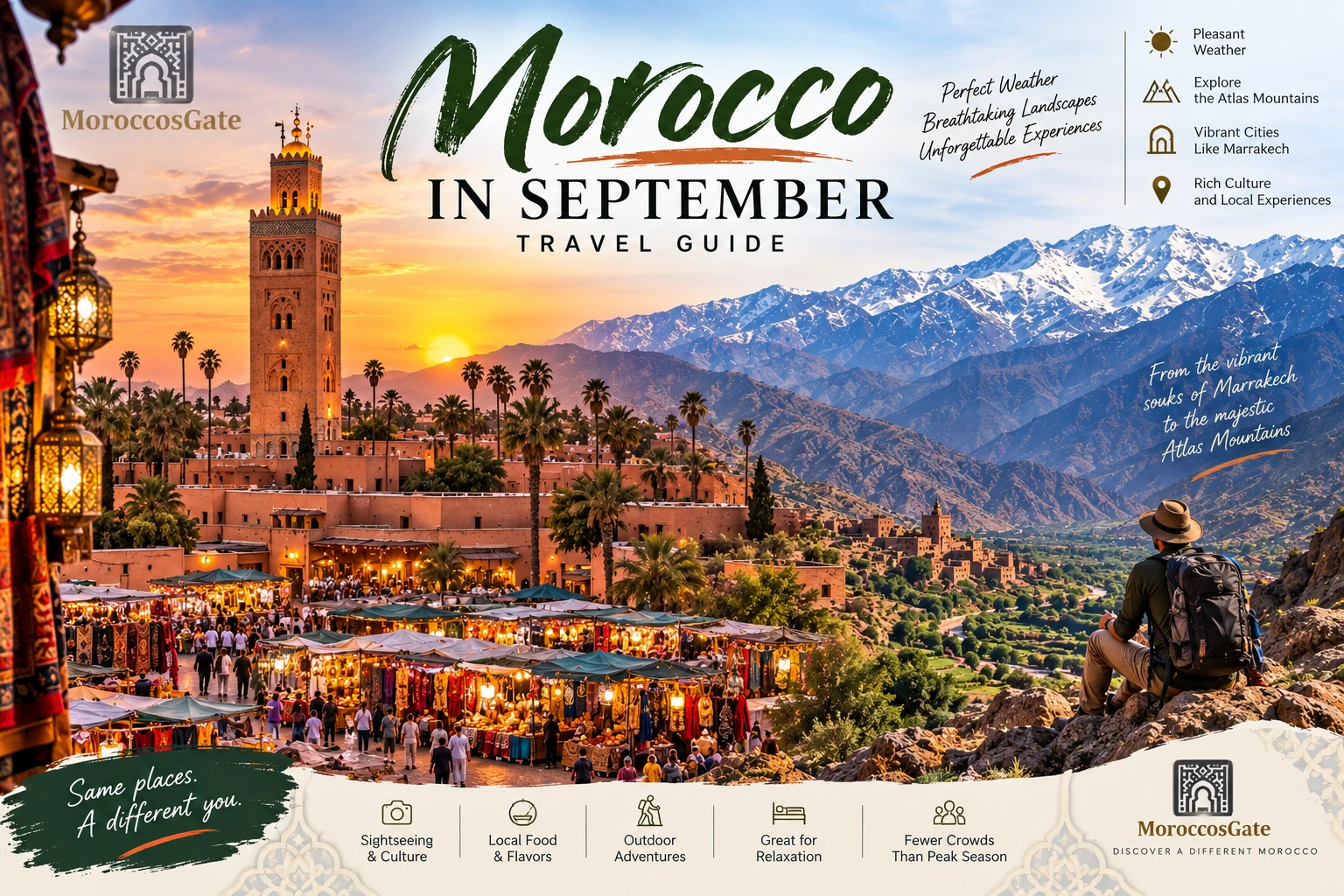 Morocco in September travel guide showing Marrakech and Atlas Mountains.