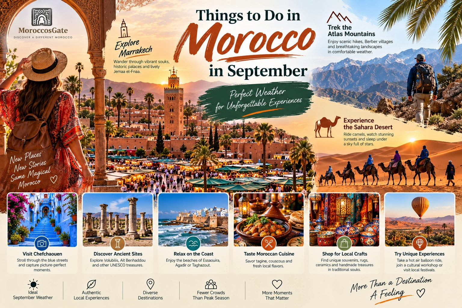 Things to do in Morocco in September including Marrakech, Atlas Mountains and Sahara Desert