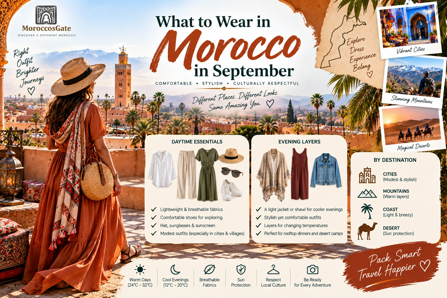 What to Wear in Morocco in September showing lightweight clothing, scarf and travel essentials