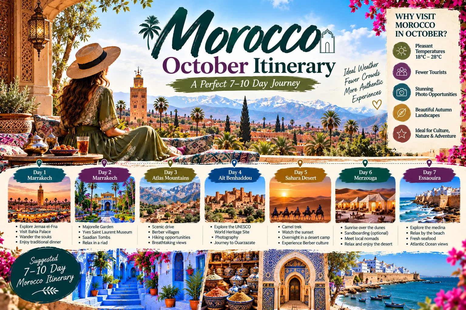Morocco October itinerary featuring Marrakech, Atlas Mountains and Sahara Desert