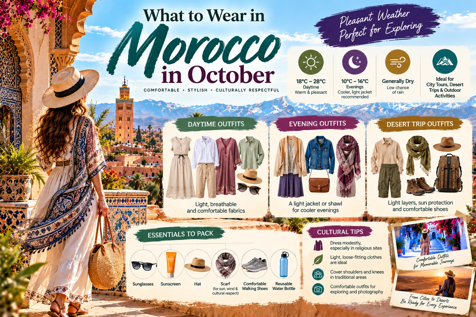Clothing and travel essentials for Morocco in October