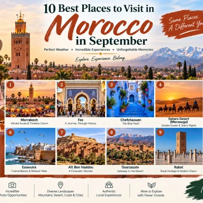 Best places to visit in Morocco in September showing Marrakech, Chefchaouen, Atlas Mountains and Sahara Desert