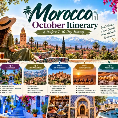Morocco October itinerary featuring Marrakech, Atlas Mountains and Sahara Desert