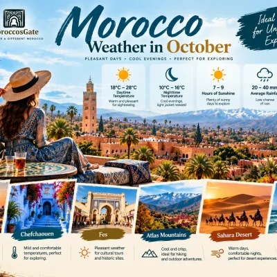 Morocco weather in October showing Marrakech Atlas Mountains and Sahara Desert