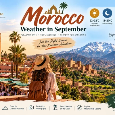 Morocco weather in September showing Marrakech, Atlas Mountains and Sahara Desert