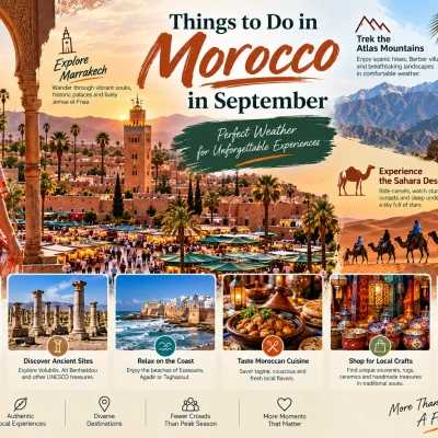 Things to do in Morocco in September including Marrakech, Atlas Mountains and Sahara Desert