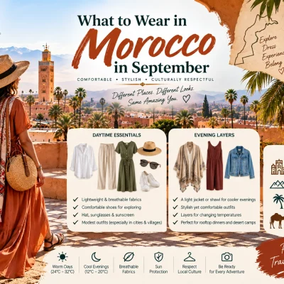 What to Wear in Morocco in September showing lightweight clothing, scarf and travel essentials